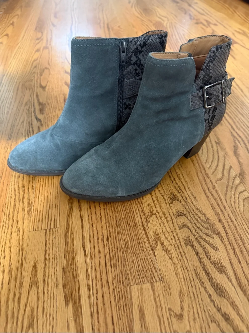 Vionic Teal Suede Ankle Booties with Snakeskin Heel and Buckle